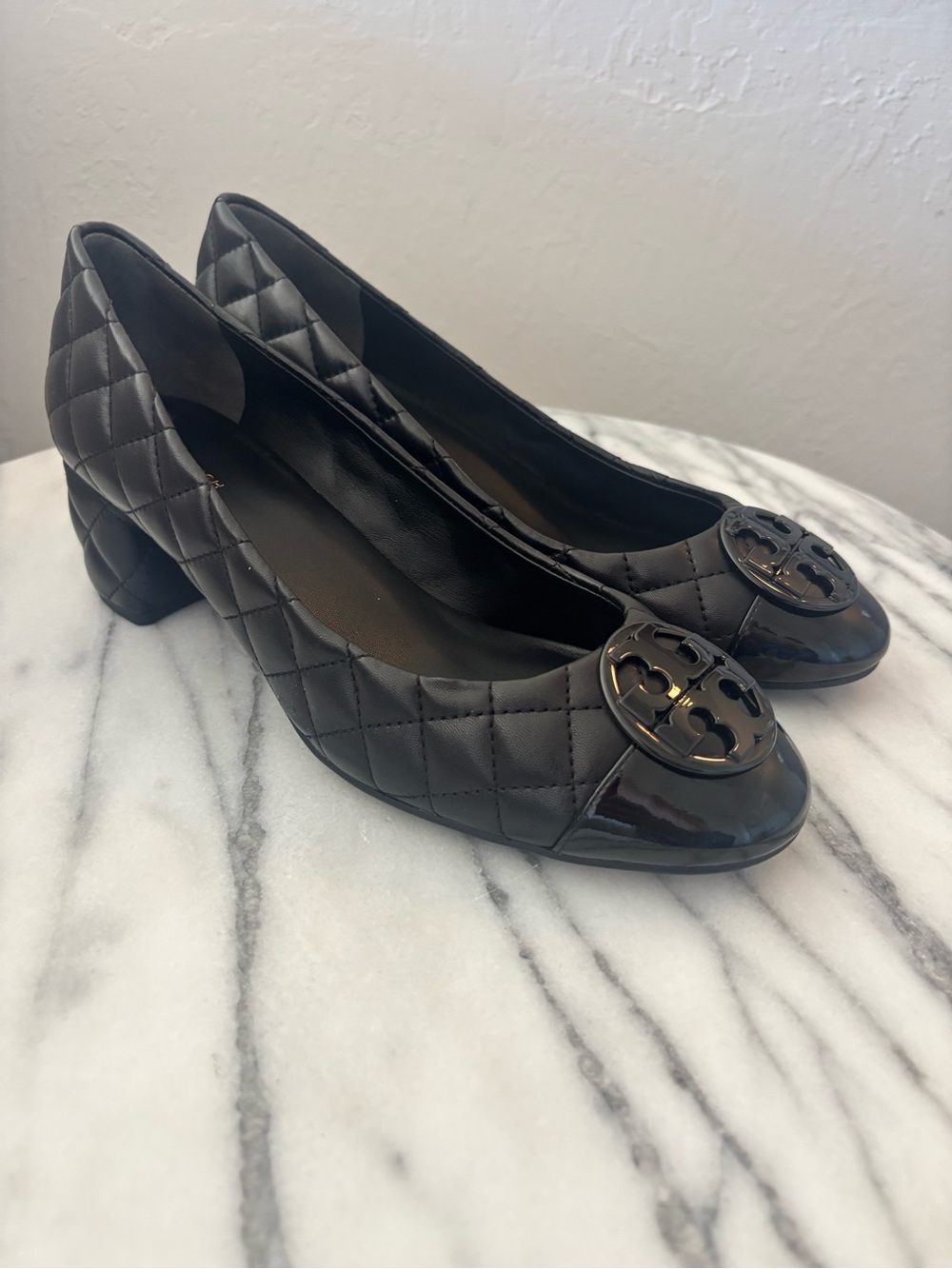 Tory Burch Quilted Black Patent Cap-Toe Block Heel Pump